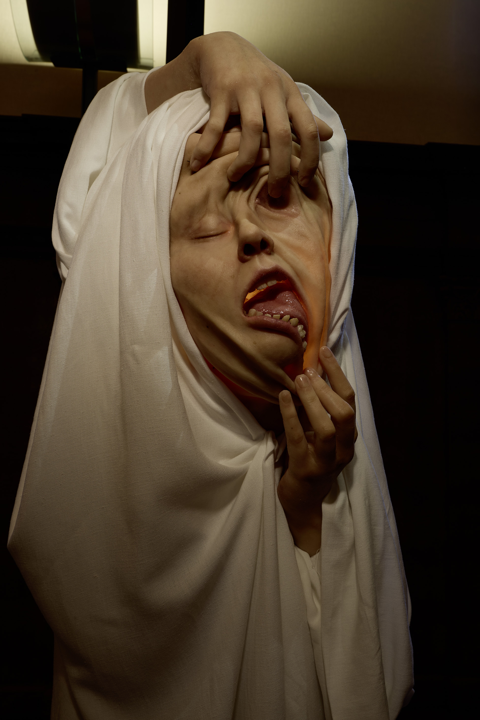 Plastik eines durch Hände verzehrten Gesichts