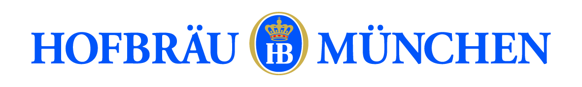 Schriftzug Hofbräu München in Blau auf Weiß mit der Krone über dem Emblem HB.