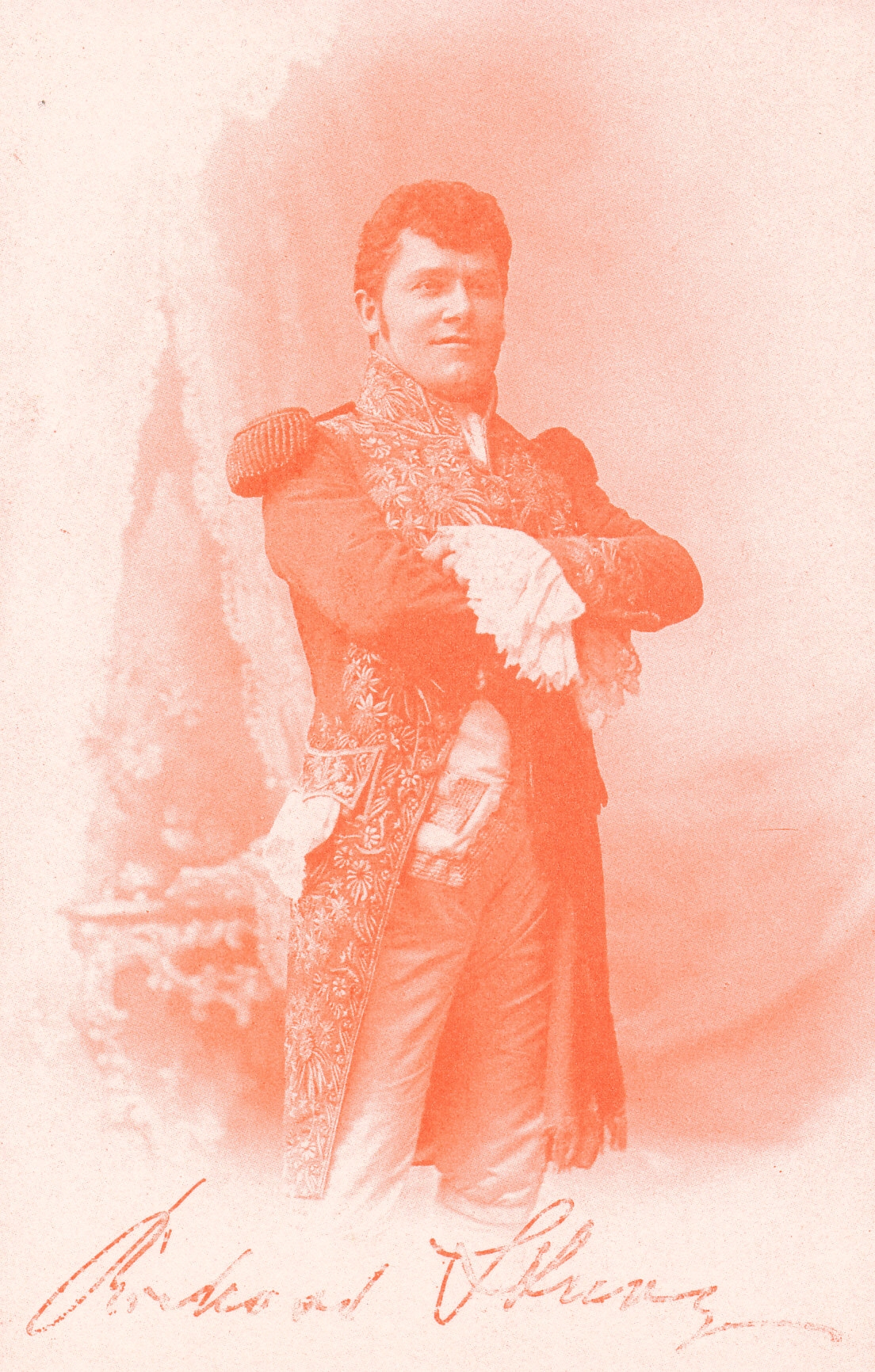 Autogrammkarte: Richard Stury als Marshall Lefèbvre in Madame Sans Gêne von Victorien Sardou. Fotografie von B. Dittmar, um 1900