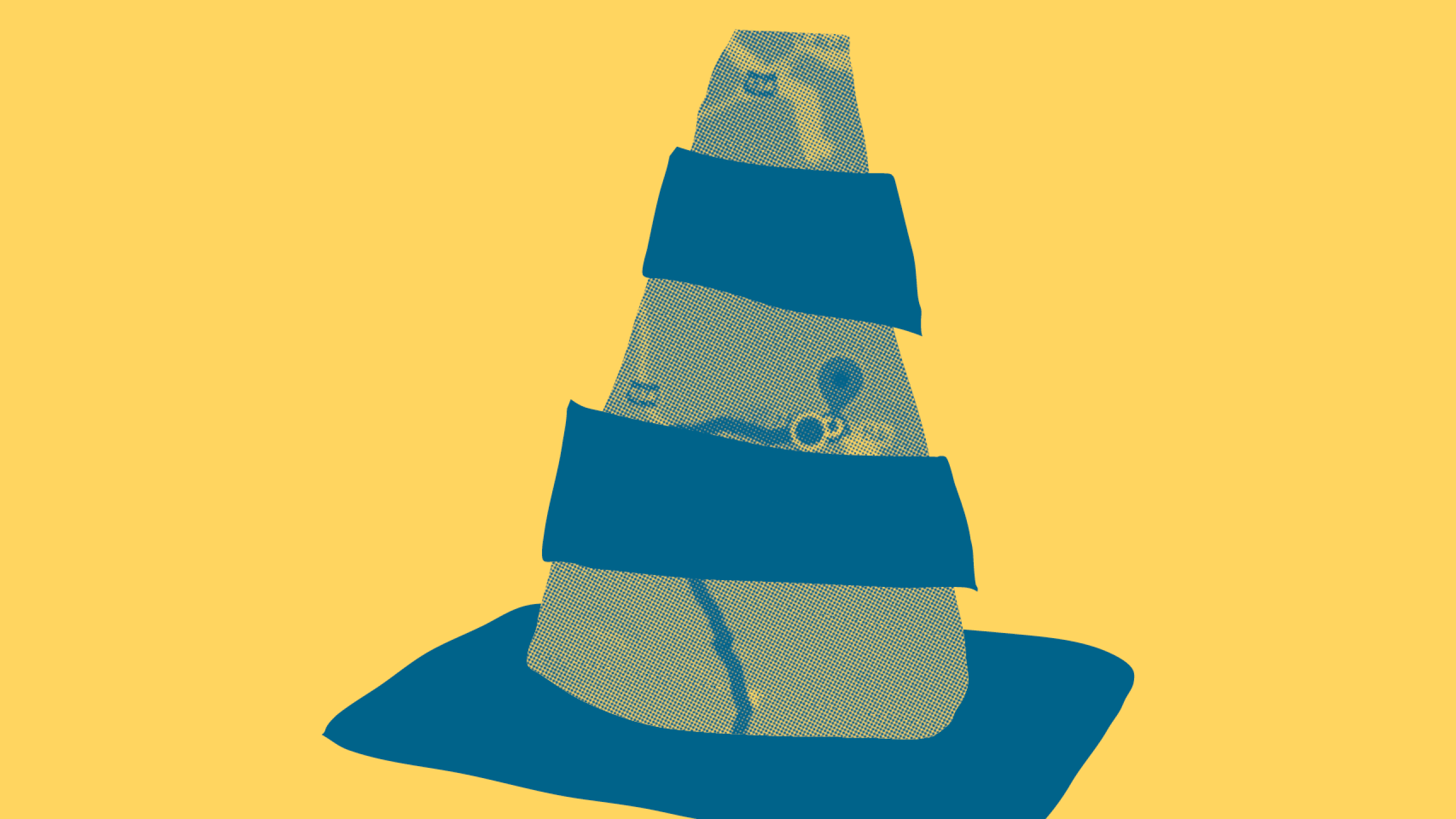 Plakatmotiv zeigt eine stilisierte blaue Pylone auf gelbem Grund.