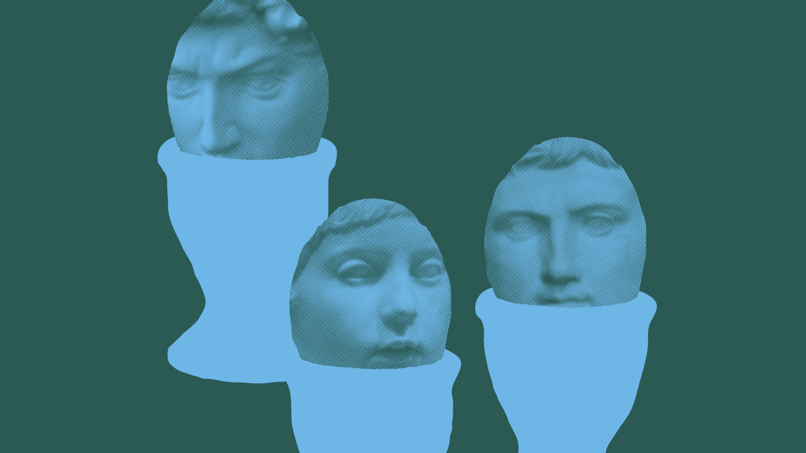 Collage aus drei Eierbechern mit drei Eierköpfen